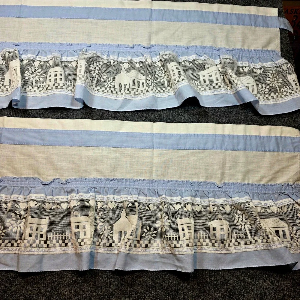 Vintage Blue White Village Scene Lace Ruffle Tier Curtains Set of 2 Valance USA